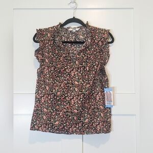 BB Dakota Steve Madden Ditzy Top New Size Large Black Peach Green Flutter Sleeve